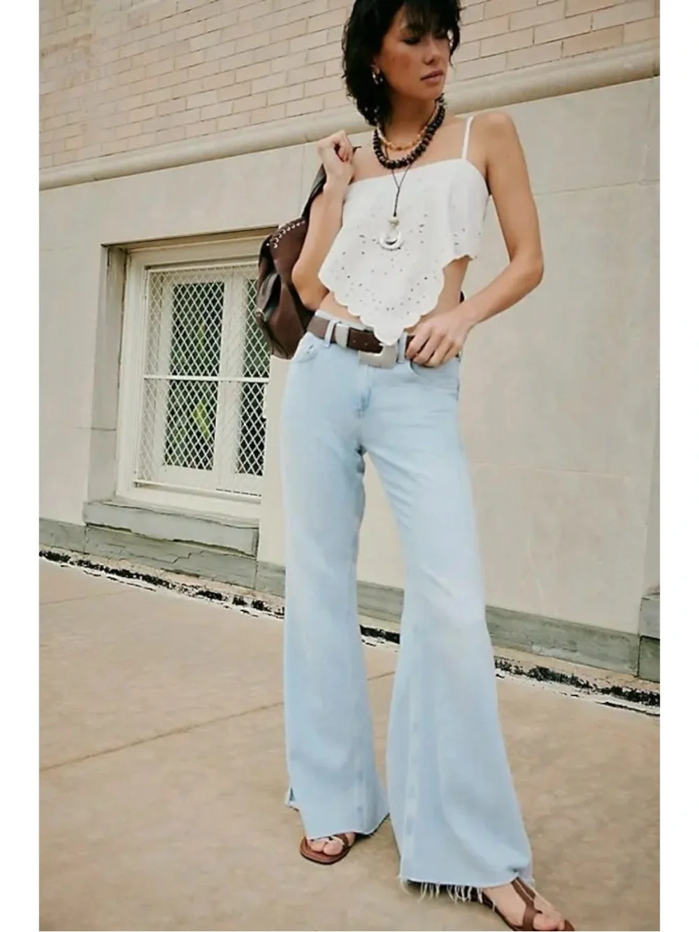 Free People Bohemian 70s Bell Bottom Live Wire Flare Jeans Light Wash Puddle 28
